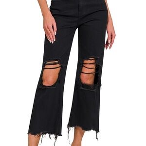 Distressed Knee Flare Crop High-Waist Pants